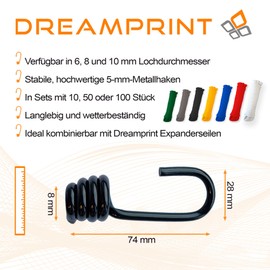 Dreamprint 10 x spiral hooks, diameter 8 mm, expander hooks, tarpaulin hooks, rope hooks for trailers, practical set for expander ropes, rubber ropes, tarpaulins and more