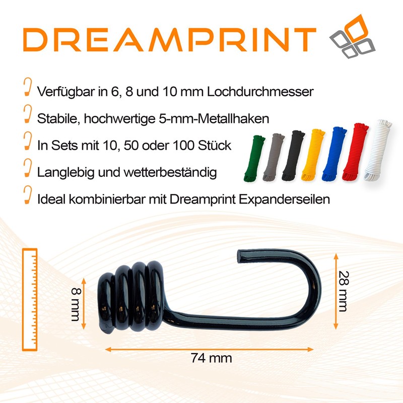 Dreamprint 10 x spiral hooks, diameter 8 mm, expander hooks,