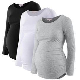Women's Maternity Shirts 3 Packs Long Sleeve Pregnancy Tops Basic Side Ruched Tunic Blouse,Black/White/Gray L