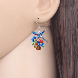 BONSNY Colorful Blue Hummingbird Earrings Birds Lovers Dangle Flower Jewelry for Women Hawaii Beach Accessories Funny Novelty Hypoallergenic Spring Summer Charms (Blue)