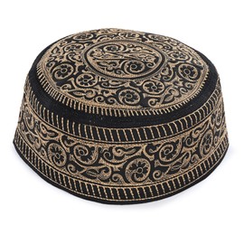 K_Caps Partywear koofi Men's Koofi Hand Embroidered Prayer Cap Pakistani Topi (Black-Golden, 61 cm)