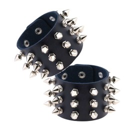 Seaberila Unisex Black Metal Spike Studded Cuff Bracelet Punk Rock Biker Wide Leather Bracelet