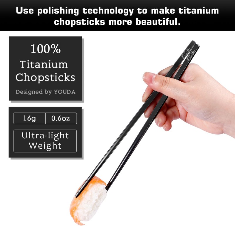 Youda 99.8% Pure TITANIUM Chopsticks 1 Pairs with Black Carrying