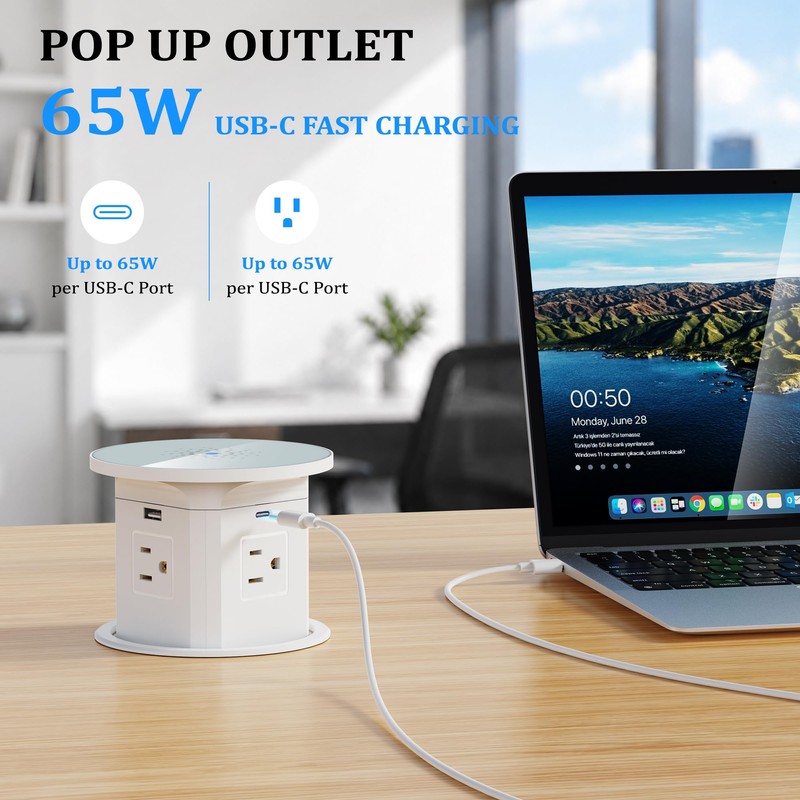 XBA 65W USB-C Pop Up Outlet with 10W Wireless Charging,