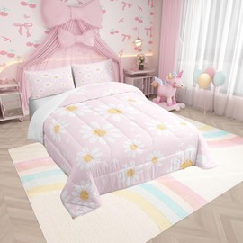 Manfei White Daisy Kids Comforter Set Twin Size,Flowers Plants Rustic Farmhouse Bedding Set,Girls Boys Adults Room Decor,Botanical Florals Theme Down Comforter,Pink Romantic Duvet Insert,1 Pillowcase