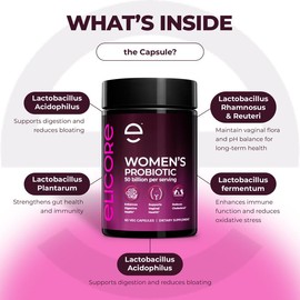ELICORE Women’s Probiotic 50 Billion CFU, 5-in-1 Blend for Digestive, Gut, Vaginal Health & pH Balance, 60 Vegan Capsules for Women Wellness