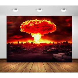 Loccor 7x5ft Fabric Atomic Bomb Nuclear Explosion Backdrop Nuclear Detonation Mushroom Cloud Ruin Destroyed City End of The World Background Party Decorations Photo Props