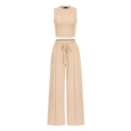 PRETTYGARDEN Women's Summer 2 Piece Loungewear Set Cropped Tank Top Wide Leg Sweatpants Tracksuit Casual Outfits (Apricot,Large)