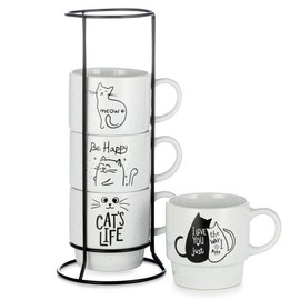 Signature Housewares Cat's Life Stackable Coffee Mugs, 15 oz, Set of 4 with Metal Stand, White glaze with Cat Designs