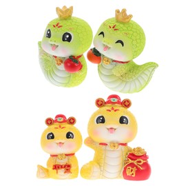 LOGOFUN 4PCS Cartoon Snake Figurines Chinese Zodiac Animal Statue Resin 2025 Snake Year Lucky Snake Ornaments for DIY Crafts 2025 New Year Party Decor - Green + Golden Yellow