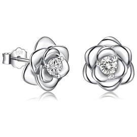 RSYHVG Silver Stud Earrings for Women Girls, Rose Flower Sterling Silver Studs Earrings with Shiny Cubic Zirconia│White Gold Plated Dainty Romantic Earrings Jewellery Gifts