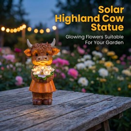inhildas Solar-Powered Resin Highland Cow Statue with Orange Skirt & Light-Up Purple Flower Bouquet - Garden Decor for Patio, Lawn, Porch or Entryway