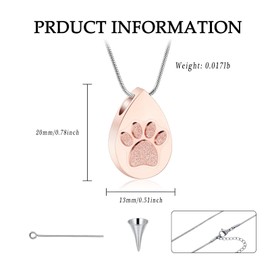 VCCWYQK Droplet Shape Cremation Jewelry for Dog/Cat Paw Print for Ashes Keepsake Memorial Urn Pendant Necklace with Stainless Chain and Fill Kits for Men Women(Rose gold)