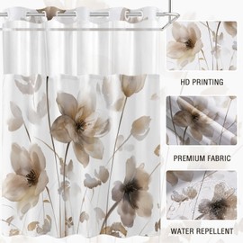 CTOTSYC - Juego de cortinas de ducha con forro floral, sin ganchos, con forro a presión, cortina de baño de tela de flores de acuarela café con ventana superior transparente, 71 x 84 pulgadas