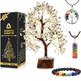 Rainbow Moonstone Crystal Tree, Money Bonsai Tree, Spiritual Good Luck Gift, Birthday Gifts for Women Men, Feng Shui Decor, Positive Energy, Home and Office Decor, Included 1 Bracelet, 2 Necklaces