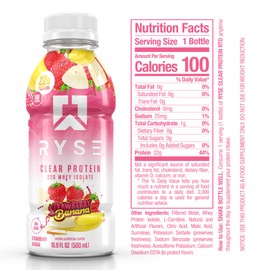 RYSE Clear Protein Shake - Strawberry Banana - 100 Calories, 22g Whey Isolate Protein, Sugar-Free, 0g Fat & Lactose-Free - Refreshing Ready-to-Drink Beverage - 16.9 fl oz Bottles (12-Pack)
