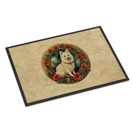 Caroline's Treasures DAC2382MAT Japanese Spitz Christmas Flowers Doormat Front Door Mat Indoor Outdoor Rugs for Entryway, Non Slip Washable Low Pile, 18H X 27W