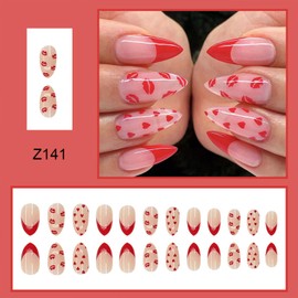 Valentine's Day Press on Nails Medium Almond Fake Nails Valentines False Nails With Red Love Heart Lips Designs Full Cover Stick on Nails Acrylic Red French Tip Artificial Nails for Women 24Pcs