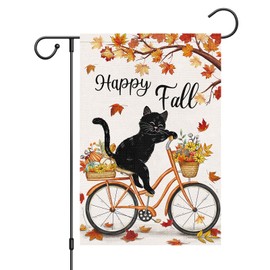 Louise Maelys Welcome Fall Garden Flag 12x18 Double Sided, Small Burlap Autumn Black Cat Bicycle Garden Flag Fall Thanksgiving Outside Outdoor House Yard Decoration (ONLY FLAG)