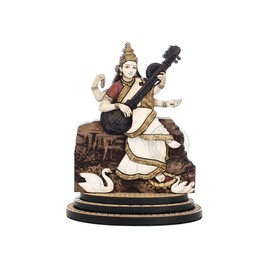 PLEASANTINO - 4 Inch Goddess Saraswati Wood Carved Statue in Exotic Hard Woods - Multi Layered Hand Made Wooden Goddess of Knowledge Idol for Car Dashboard, Home, Office, and Travel