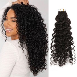 Bella Hair Premium Remy Human Hair Curly Wave Tape In Hair Extensions - Full Cuticle Aligned, 20pcs 20 inch 50g Natural Black Hair Piece, Damage-Free Instant Natural Look Volume