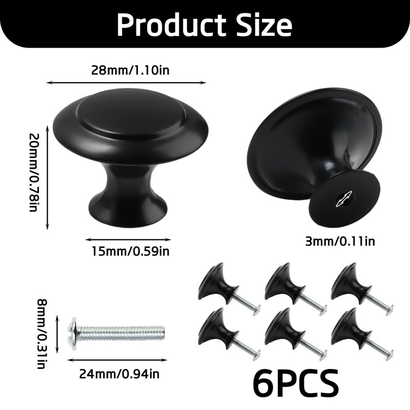 6 Pack Black Cupboard Door Knobs Round Mushroom Single Hole