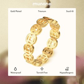 munone 4mm Feng Shui Ring Copper Coin Ring for Women Men,18k Gold Plated Titanium and Stainless Steel Lucky Wealth Money Band