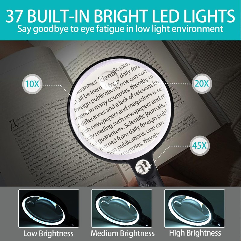 Large Magnifying Glass with 37 LED Light, 10X 20X 45X