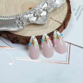 24 Pcs Press on Nails Short Almond,MINGCHUN Pink Y2K Fake Nails Press ons Acrylic Nail Art Tip Kit Full Cover False Nails Glue on Nails with White French Starburst Colorful Charms Design for Women