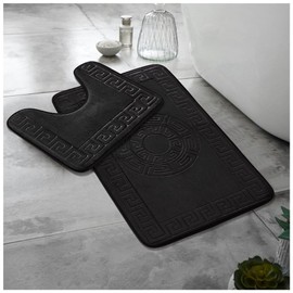 Lions Bath Mat - 2 Piece Greek Key Pattern Bath Mats for Bathroom, Non Slip Bathroom Mats Pedestal Set, Super Soft Washable Toilet Rugs, Quick Dry Water Absorbent, Black