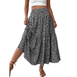 TuoGo Women's Boho Maxi Skirt with Pockets Smocked High Waist Pleated Floral Long Skirts, Black Floral, Medium