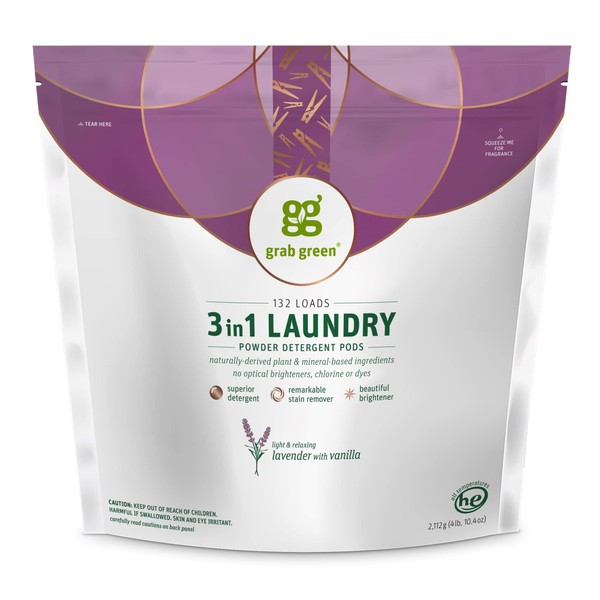 Grab Green 3-in-1 Laundry Detergent Pods, 132 Count, Lavender Vanilla Scent, Plant and Mineral Based, Superior Cleaning Power, Stain Remover, Brightens Clothes