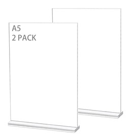 Pack of 2 A5 Stands, 14.8 x 21 cm, Acrylic Sign Holders, Table Stand, Acrylic Stand for Poster, Transparent Stand, Acrylic Paper Sign Holder, for Restaurant, Counter, Cafés, Shop (T)