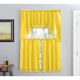 Café Curtains for Kitchen, Bathroom Curtains with Valance, Embroidered Lace Border (Yellow)