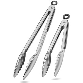 Bnlcd Cooking Tongs with Teeth, Premium Stainless Steel Kitchen Tongs Set of 2-9" and 12", Heavy Duty Locking Metal Food Tongs with Non-Slip Grip - Black