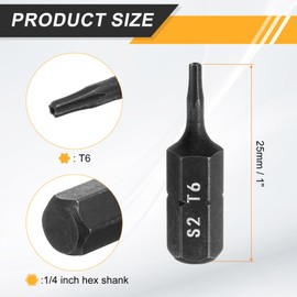 HARFINGTON 5pcs T6 Torx Screwdriver Bit 1/4" Hex Shank 25mm/1" Length S2 Steel Star 6 Point Head Hex Security Screw Driver Bits with Hole for Impact Electric Screw Driver Power Tools, Black