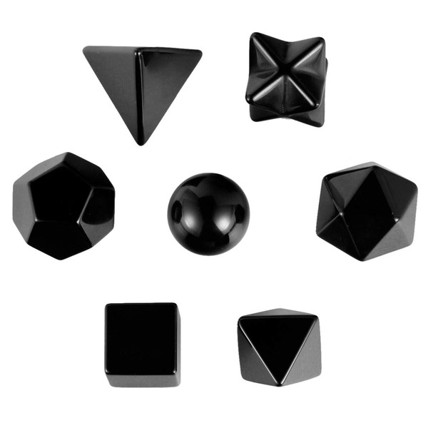 SUNYIK Platonic Solids Sacred Geometry Set of 7, Natural Sacred Gemstones Kit with Merkaba Star for Reiki Healing Meditation Wicca, Black Obsidian
