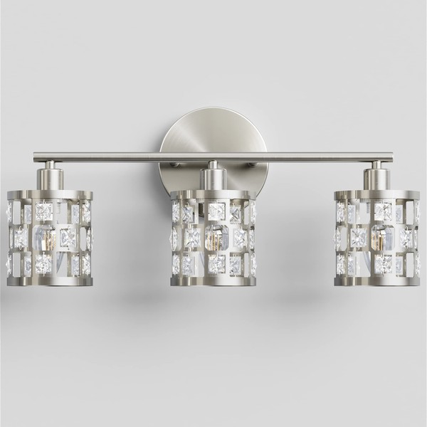 3 Light Bathroom Light Fixture, Brushed Nickel Vanity Light with Cylinder Crystal Shade, Modern Wall Sconces Over Mirror
