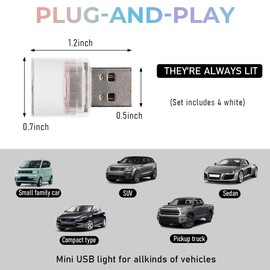 povtii 4 PCS USB LED Car Interior Atmosphere Lamp, Plug-in Mini USB LED Light for Auto Interior Decor, Portable Ambient Lighting Kit Universal for Most Vehicles, Car Accessories (White)