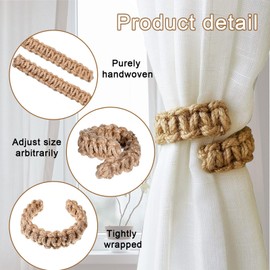 4 Pack Curtain Tiebacks Natural Cotton Rope & Holdbacks - Farmhouse Rustic Style Hand Braided Curtain Ties for Sheer Lightweight Drapes, Home Office Decor (Jute Color)