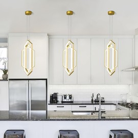 FDPBY Modern Kitchen Island Dimmable Pendant Light Fixture Gold Modern LED Pendant Lights 3 Rings Geometric Chandelier Living Room Foyer Chandeliers Lighting Fixture High Ceiling Chandeliers