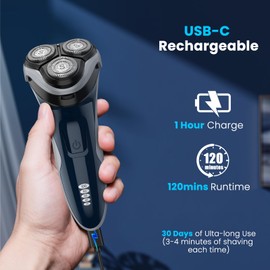 Phisco Rechargeable Electric Razor for Men: 120-Min Electric Shaver with 1-Hour USB-C Fast Charge - IPX7 Waterproof Wet/Dry Shaver - 10000RPM Powerful Motor, 0.07mm Ultra-Thin Blade, Pop-up Trimmer