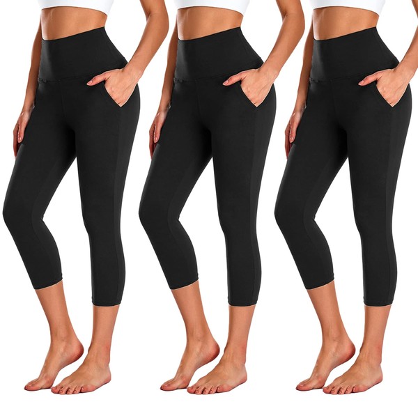 NEW YOUNG 3 Pack Capri Leggings for Women with Pockets-High