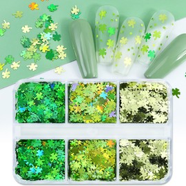 St. Patrick's Day Nail Art Glitters Sequins Lucky Shamrock Nail Sequins Sparkle Multi Color Clover Nail Flakes Design Nail Charms 3D Confetti Nail Glitter for Nail Decoration Accessories