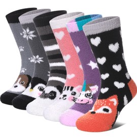 SDBING Kids Fuzzy Socks, Toddlers Non Slip Socks Boys Girls Cute Cozy Winter Warm Crew Socks with Grips 6 Pairs (8-12 Years, Cute Animal)