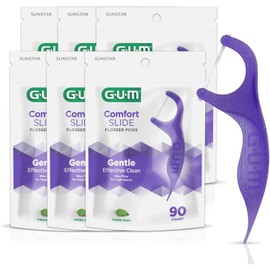 GUM Comfort Slide Flossers, Silky Floss for Tight Spaces, Mint, 90ct X 6 bags (540 flossers)