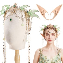 Fairy Crown with Elf Ears - 2 Pcs Green Butterfly Wings Headband with Tassel Renaissance Costume Elven Tiara for Halloween Wedding Renfaire Dress Up Cosplay Fairycore Fantasy Accessories
