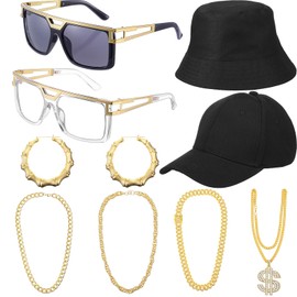 Gejoy Halloween 80s 90s Hip Hop Costumes Outfit for Women Men 9 Pcs Sunglasses Fake Gold Chain Dollar Sign Necklace Earrings Hat Rapper Jewelry Couple Accessories