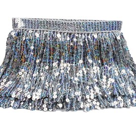 3 Meters Sequin Tassel Trim 15 cm 6" Luxury Fringe Fringing #1 (Silver AB)