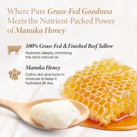 Honeyskin Whipped Tallow and Honey Cream - All Natural 100% Grass-Fed Beef Tallow for Skin Face Moisturizer, Nourishing & Hydrating for Dry, Sensitive Skin - Smooth Gentle & Soothing Care 4oz.